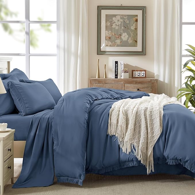 Andency California King Size Comforter Set with Sheets Bluish Grey - 7 Pieces Cal King Bed in a Bag Boho Bedding Sets, Bed Set with Comforter, Sheets, Pillowcases & Shams