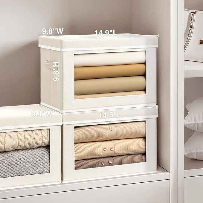 Storage Bins with Lids - Medium Storage Box with Lids, Foldable Closet Boxes for Organizing, Stackable Clothes Organizer with Window, Cubes Bins for Living Room, 5 Pack, Beige