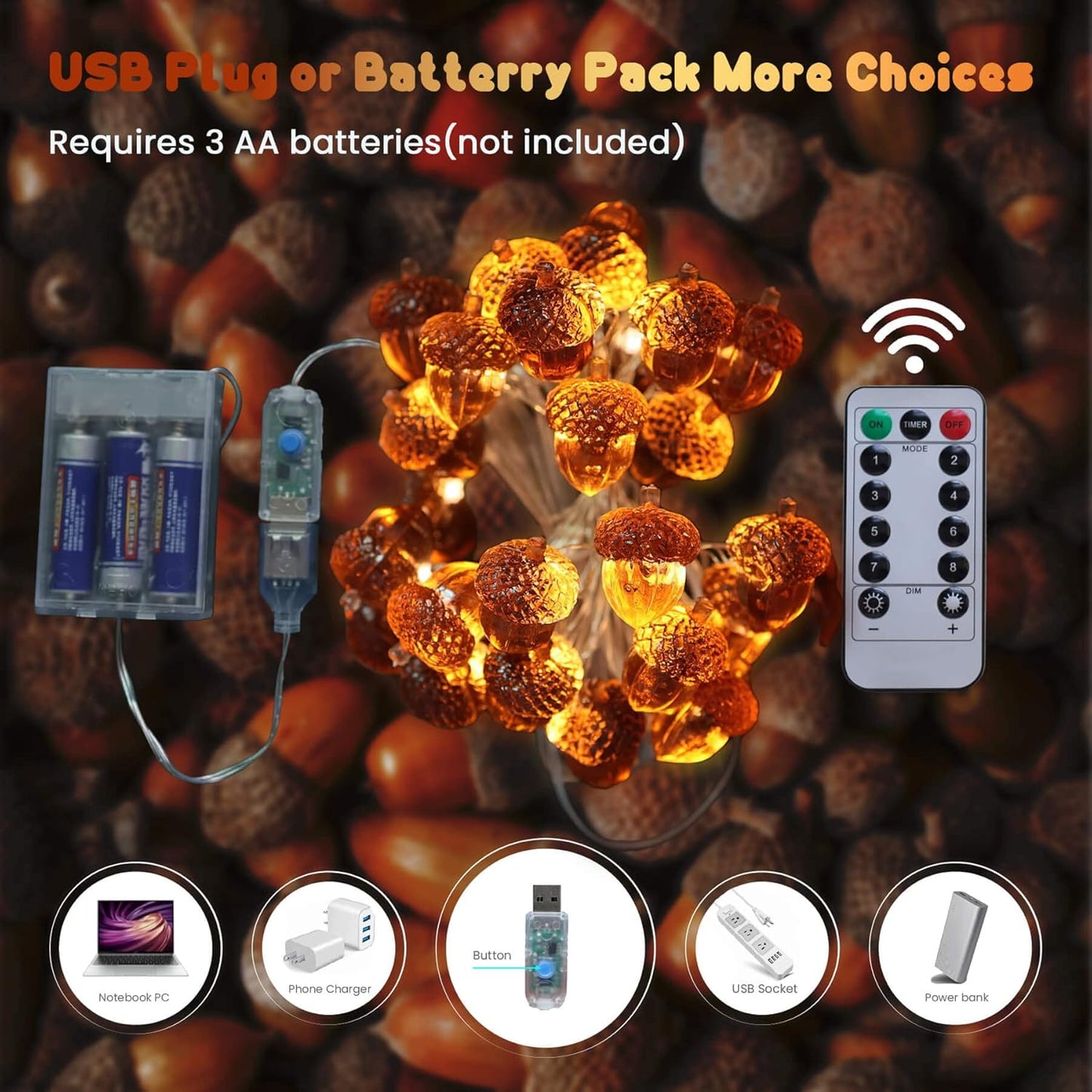 Thanksgiving Acorn Lights Fall Garland Decorative Fairy String Light Cute Novelty Lights 30 LEDs 10 ft USB or Battery Operated for Bedroom Wedding Xmas Harvest Decor