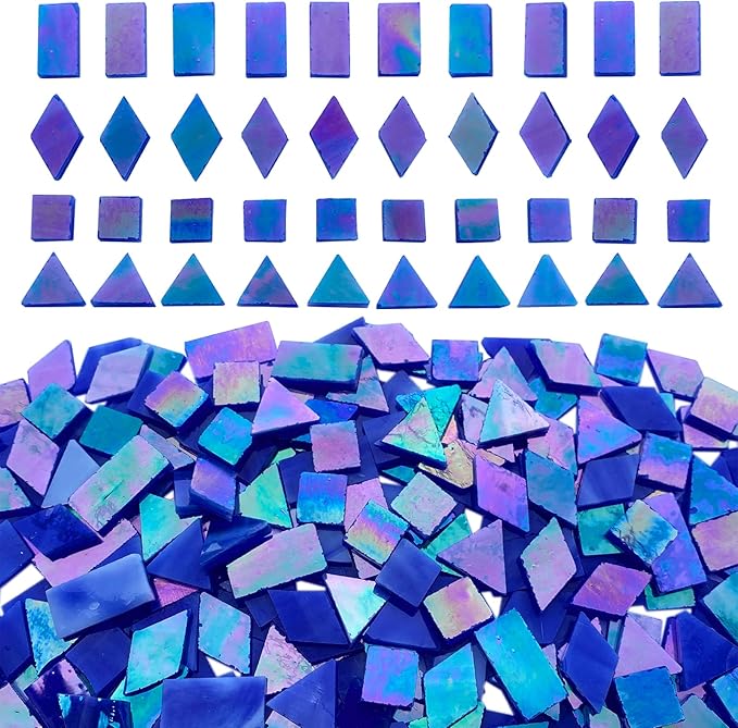 Magic Iridescent Blue Stained Glass Mosaic Tiles, 280 Pieces Mixed 4 Shapes Mosaic Glass Pieces for Crafts and Mosaic Making Projects