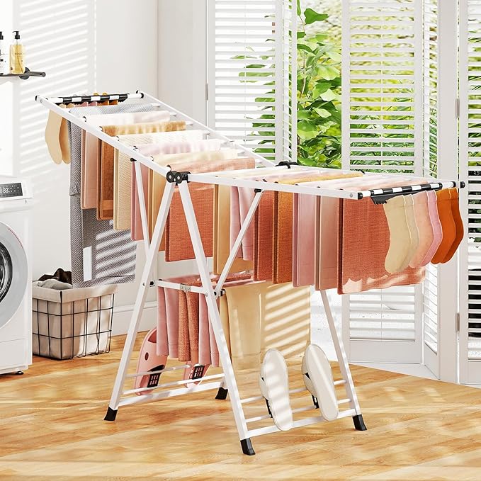 Giantex Clothes Drying Rack, Foldable Metal Laundry Drying Rack with Height Adjustable Wings, 16 Drying Rails, Sock Clips & Shoe Racks, Freestanding Clothing Stand for Indoor & Outdoor, White