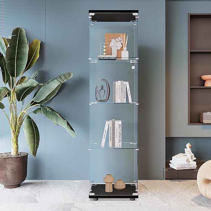 Beauty4U Glass Display Cabinet with 4 Shelves, Curio Cabinets for Living Room, Bedroom, Office, Black Floor Standing Glass Bookshelf, Quick Installation