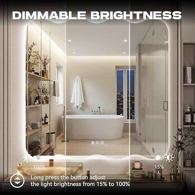 Hasipu Wavy Full Length Mirror with Lights - 36"×36" LED Wavy Floor Mirror, Frameless, Dimmable, Standing or Vertical/Horizontal Wall-Mounted Mirror for Bedroom, Living Room, Cloakroom