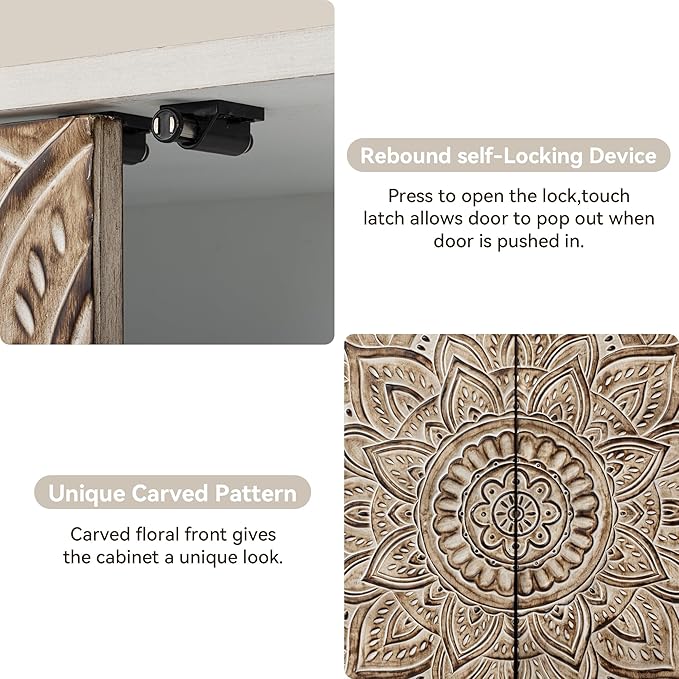 COSIEST Set of 2 32" Buffet Sideboard Cabinets with Storage, Accent Cabinet with Push-to-Open Doors, Vintage Lotus Carved Pinewood Doors, Entryway Console for Living Room, Kitchen, Hallway, Gray