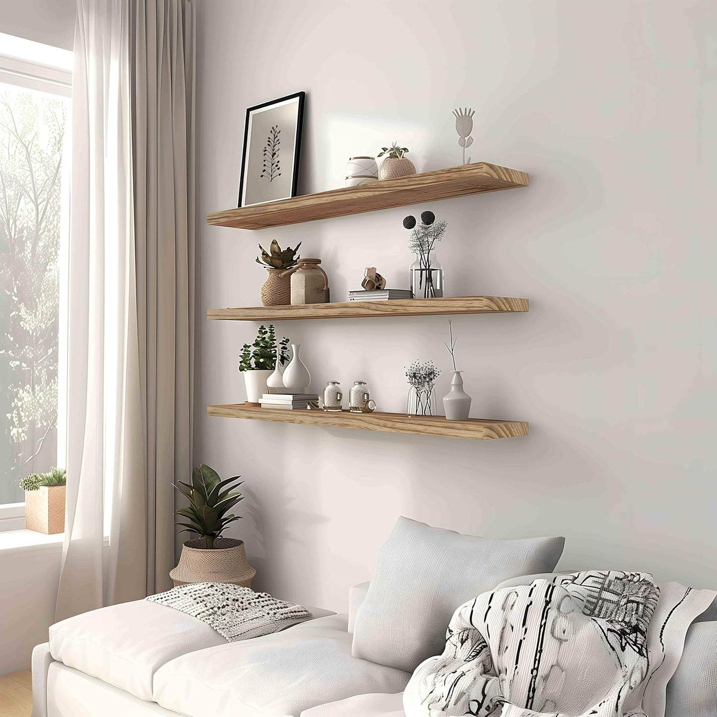 Wood Floating Shelves for Wall, Rustic Wall Shelves for Bedroom, Wall Mounted Floating Shelf, Set of 4 Light Walnut 36 Inch - Décor Diaries