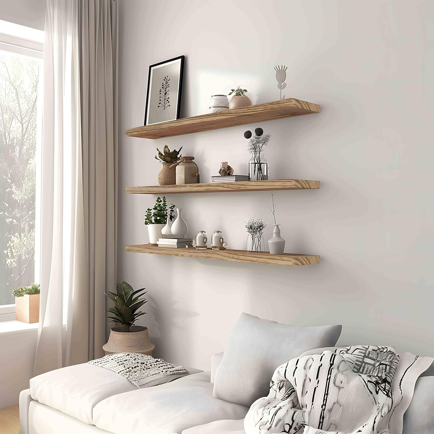 Wood Floating Shelves for Wall, Rustic Wall Shelves for Bedroom, Wall Mounted Floating Shelf, Set of 4 Light Walnut 36 Inch - Décor Diaries