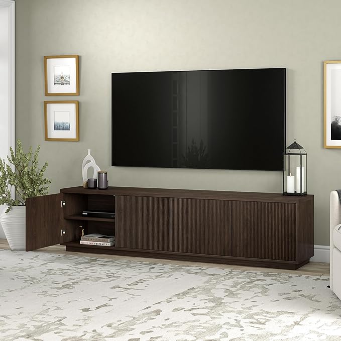 Henn&Hart Fluted TV Stand for TVs up to 85" with 2 Concealed Ribbed Storage Cabinets and Adjustable Shelves for Living Room, Family Room, or Office, Warm Brown