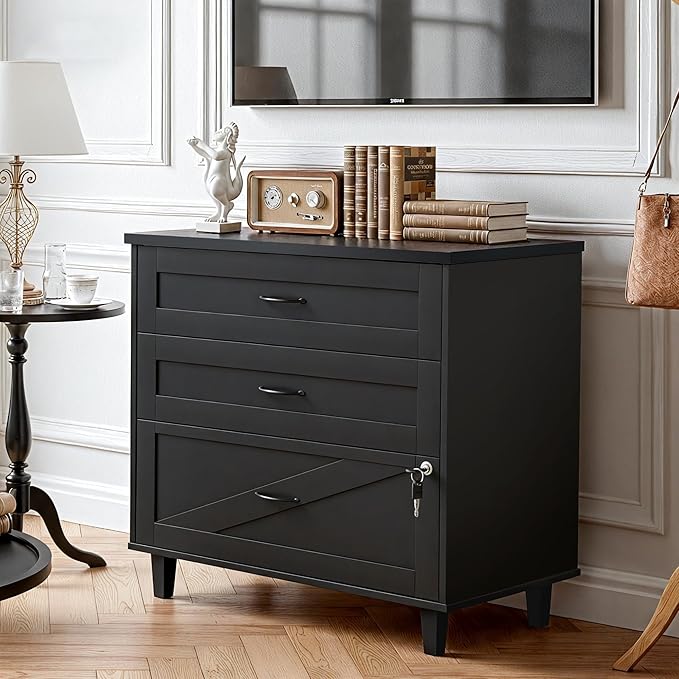Large Wooden File Cabinet Black 32in Lateral Filing Cabinets 3 Drawer with Hanging File Folders for A4 Letter Legal Wood Office Storage Organizer Furniture Printer Stand