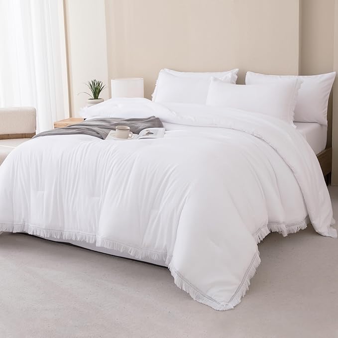 Andency Full Size Comforter Set White -7 Pieces Boho Tassel Bed in a Bag Soft Lightweight Bedding Sets, All Season Fringe Bed Set with Comforter, Sheets, Pillowcases & Shams
