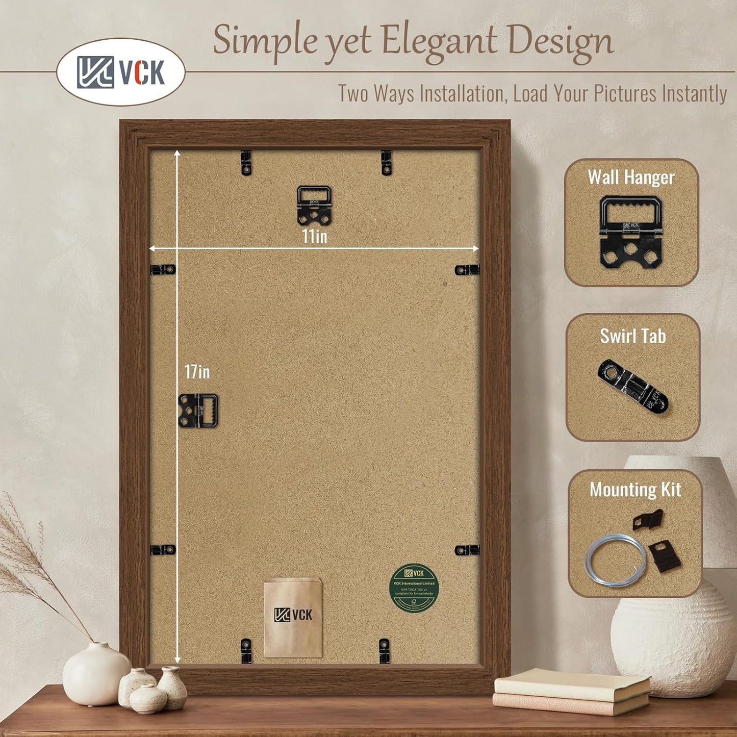 VCK 11x17 Picture Frame 3 Pack, Brown Wood Poster Frame with Exclusive Wood Grain, Wall Mounting Hanging