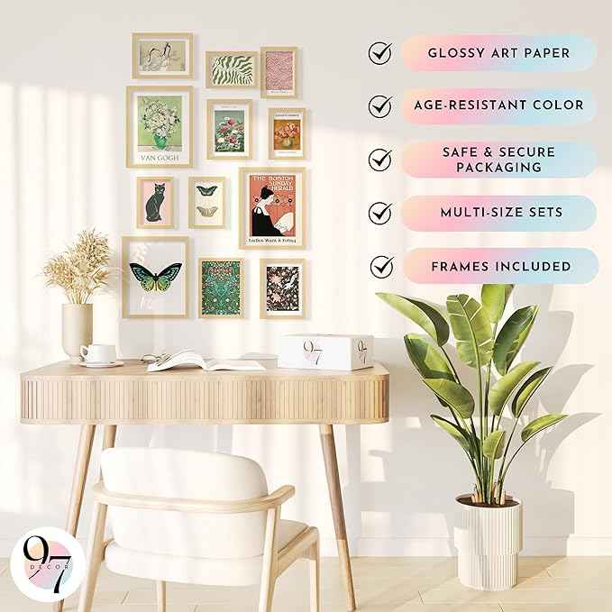 97 Decor Eclectic Wall Art FRAMED - Vintage Boho Wall Decor, Trendy Boho Prints For Wall, Framed Gallery Wall Art Set Dorm Posters For Room Aesthetic Pictures, Maximalist Decorations For Home (BEIGE FRAME)