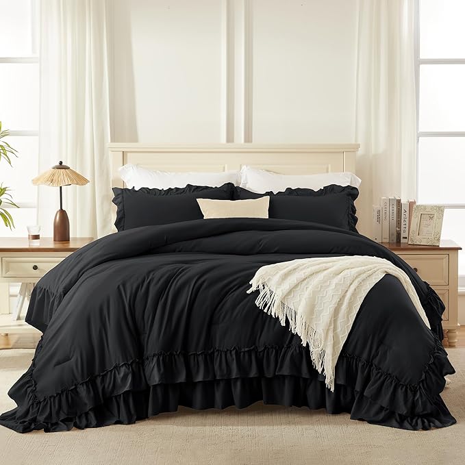 Andency Oversized King Ruffle Comforter Set, 3 Pieces Shabby Chic Farmhouse Bedding Set, Lightweight Soft Comforter Set 120x98 for Girls Women (1 Comforter 2 Pillowcases), Black