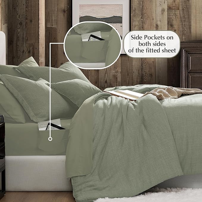 Geniospin Full Comforter Set - 7 Pieces Comforter Full Size, Solid Bedding Sets for All Season, Textured Bed in a Bag with Sheets, Pillowcases and Shams (Sage Green, 80''x90'')
