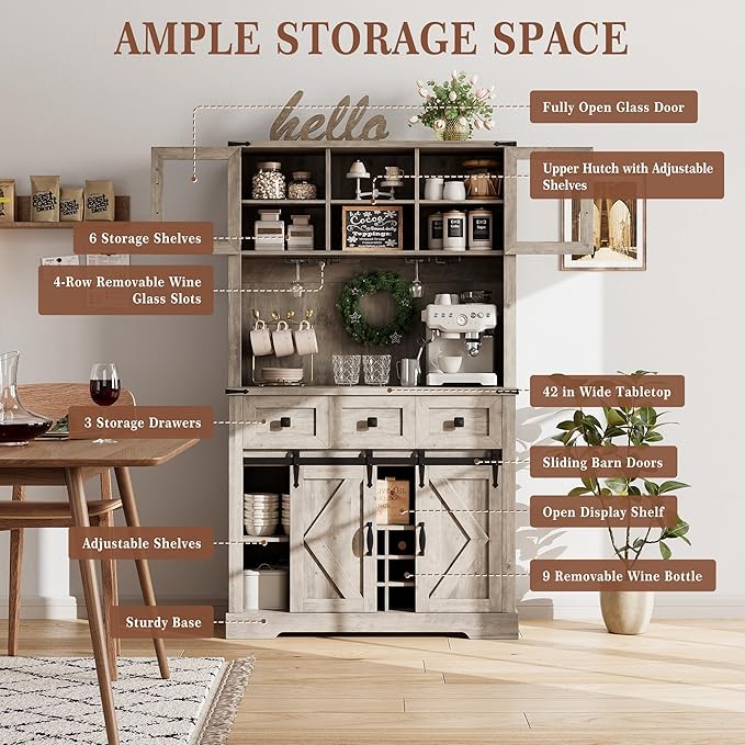 72 in Farmhouse Bar Cabinet with Sliding Barn Door, Tall Kitchen Buffet with Storage Hutch and 3 Drawer, Rustic Coffee Wine Bar Sideboard with Wine & Glasses Rack, for Living Room, Washed Grey
