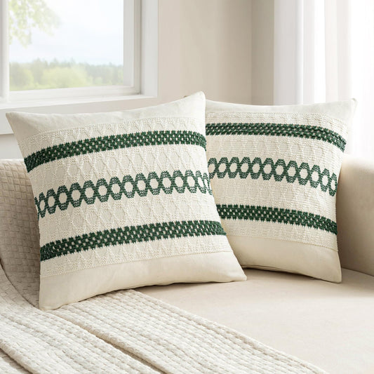 MIULEE Set of 2 Dark Green Boho Christmas Decorative Pillow Covers 18x18 Inch Farmhouse Rustic Couch Throw Pillows Modern Spring Cotton Cushion Cover Retro Macrame Woven Home Decor for Bed Sofa Chair