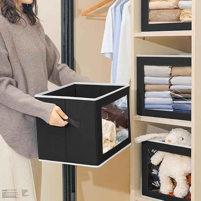 Large Storage Bins with Lids - Fabric Storage Cubes with Window, Collapsible Bins for Clothes, 15.7 Inch Large Baskets for Bedroom, Dorm, Office, Black, 6 Pack