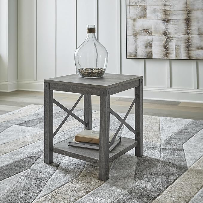 Signature Design by Ashley Freedan Rustic Square Farmhouse End Table, Wood, Metal Crossbuck Accents, Lower Display Shelf, 22.63" High, Gray