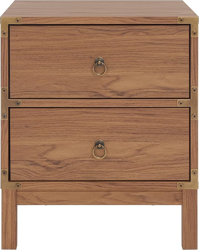 SAFAVIEH Home Collection – Galio Oak & Gold 2-Drawer Nightstand, Vintage-Inspired Bedside Table with Storage for Bedroom (NST9600D)