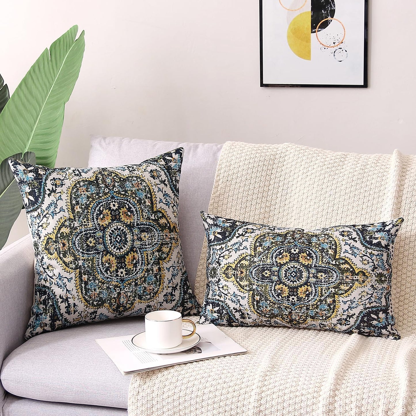 Outdoor Waterproof Pillow Covers - 18 x 18 Inch Set of 2 Bohemian Vintage Carpet Pattern Pillow Covers in Green and Blue Ethnic Design for Decorative Farmhouse, Couch, Garden, Balcony