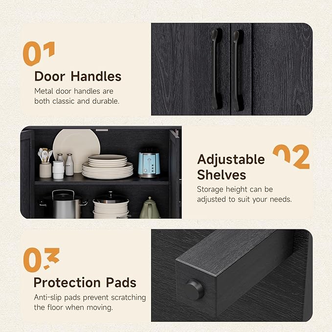 48 Inches Sideboard Buffet Cabinet with Storage, Farmhouse Sideboard Buffet w/2 Drawers and 3 Doors, Kitchen Cabinet with Adjustable Shelf, Wood Kitchen Console Table for Living Room, Hallway, Black