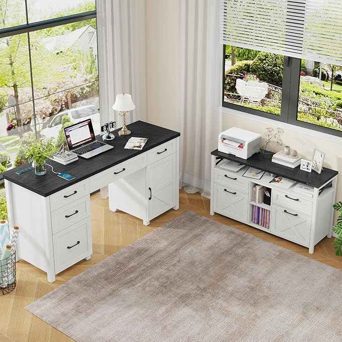 Lateral File Cabinets 4 Drawers with Open Storage Shelf, Farmhouse Filing Cabinet with Adjustable Shelf for Home Office, Filing Organization Storage Cabinets for Hanging Files Letter/A4. Black