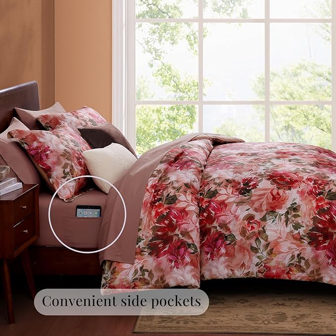 CASAAGUSTO Full Comforter Set, 7 PCS Red Rose Floral Comforter Set with Flowers Leaves Pattern, Soft Seersucker Design All Season Full Size Bedding Set(80"X90")