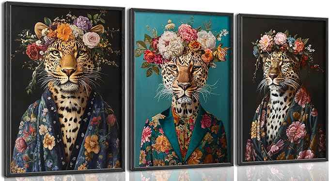 Bathroom Leopard In a Bathrobe Wall Art Maximalist Eclectic Cheetah Posters Pictures Animals And Flowers Canvas Prints Funky Animals Painting Wall Decor y2k Aesthetic Room Decoration Unframed