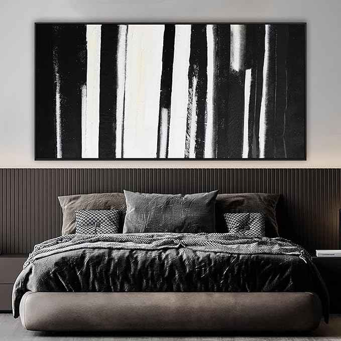 Framed Abstract Canvas Wall Art - Large Minimalist Stripes Black & White - Modern Wall Decor for Living Room, Bedroom, Kitchen & Office - 29"58"
