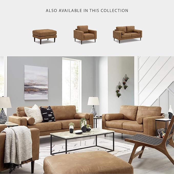 Signature Design by Ashley Telora Faux Leather Sofa, 2 Bolster Pillows, Loose Cushions, Faux Wood Finish Accent Legs, 85" W x 35" D x 35" H, Dark Brown