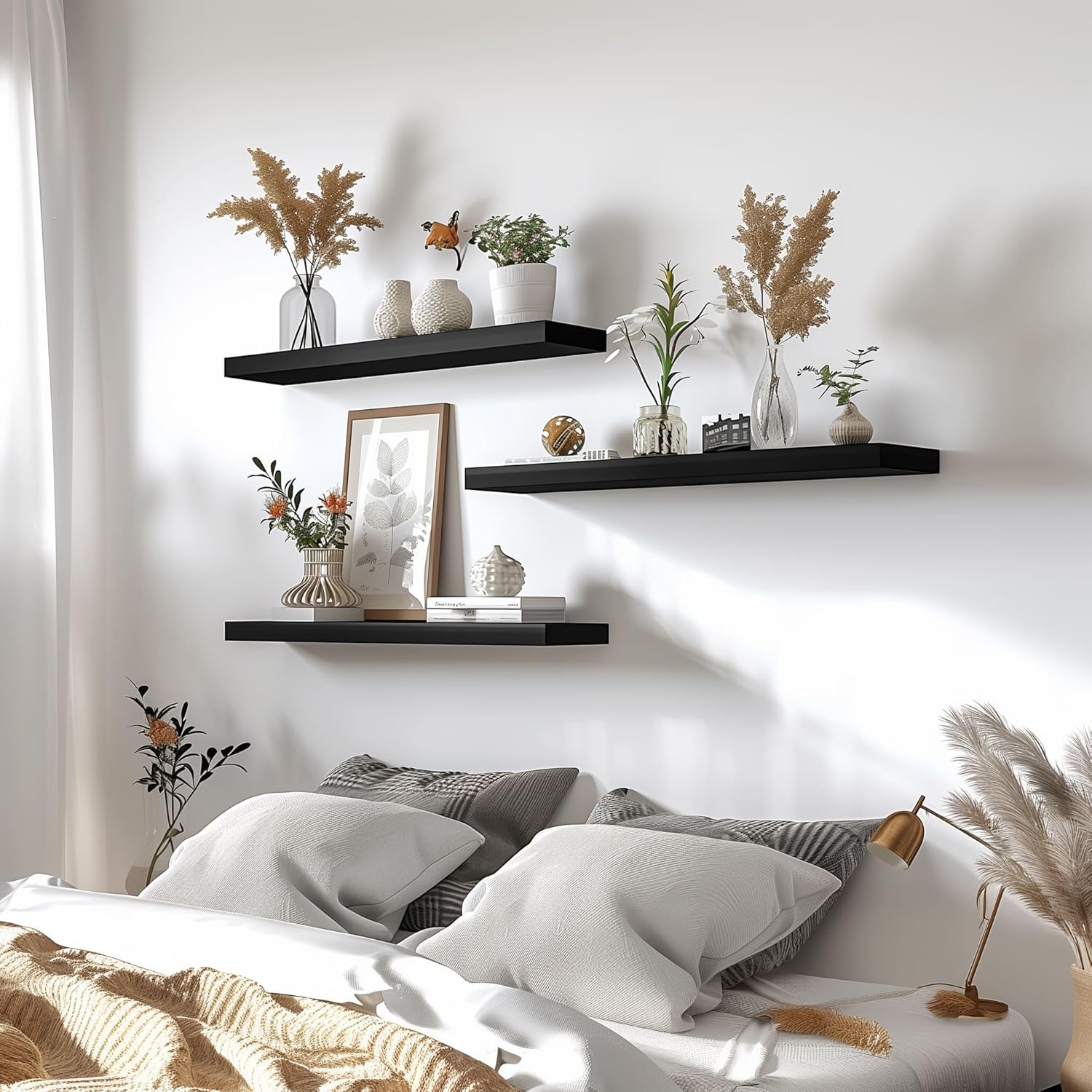Wood Floating Shelves for Wall Decor, Rustic Wall Shelves for Bedroom Bathroom Kitchen Living Room, Set of 4 Black 24 Inch - Décor Diaries