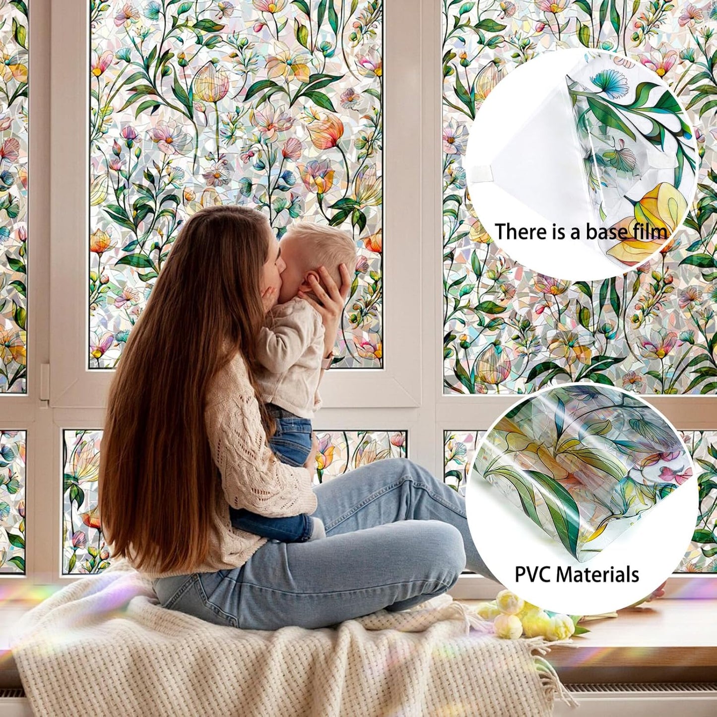 Rainbow Window Privacy Film 3D Floral Decorative Stained Glass Window Film Anti UV Non-Adhesive Reusable 17.5" x 157.4" for Home Room Car Glass Cling