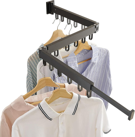 Clothes Drying Rack Wall Mounted, Laundry Drying Rack Collapsible, Space Saving Wall Drying Rack Clothing Foldable, Tri-Fold Retractable Rack Outdoor Indoor with 18 Hooks(Black，Loop-Shape Hooks)