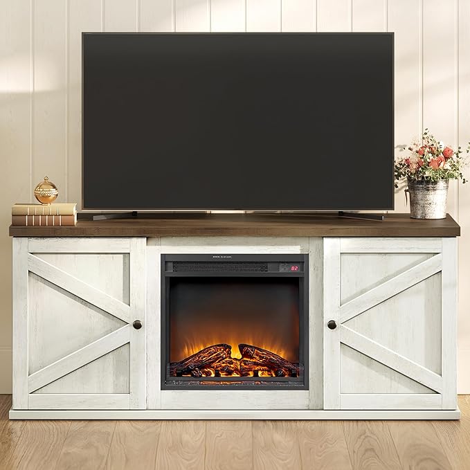 VASAGLE Fireplace TV Stand for TVs up to 65 Inches, 18-Inch ELectric Fireplace with Remote, Farmhouse Entertainment Center, Media Console Table for Living Room, Rustic White and Honey Brown ULTV540W01