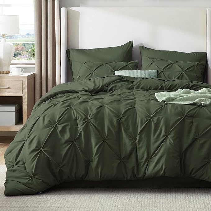 Bedsure Full Comforter Set Olive Green - Bed in a Bag Full Size Bedding Set 7 Pieces, GentleSoft™ Pintuck Bed Set Gift for Family, Pinch Pleat All Season Comforter with Sheets, Pillowcases & Shams