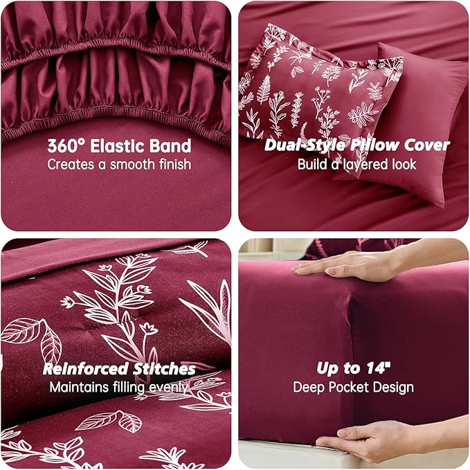 MUXHOMO Burgundy Full Comforter Set, Elegant Floral Print Bed in a Bag 7 Pieces, Ultra Soft & Breathable Reversible Botanical Pattern Bedding Set with Comforter, Sheets, Pillowcases, and Shams