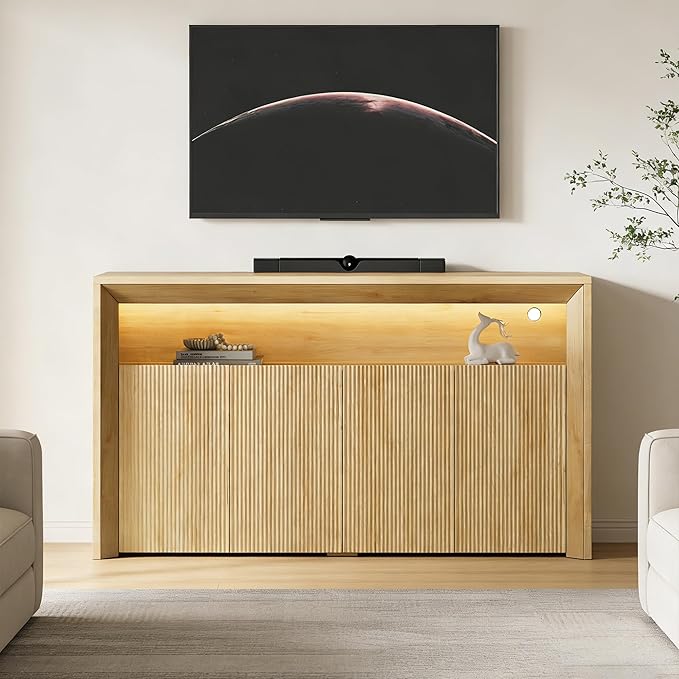 Feonase Buffet Cabinet with Storage & Led Lights, 66.2" Modern Sideboard Cabinet with 4 Doors & Shelves, Fluted Media Console Mid Century, Coffee Bar Table for Dining Room, Living Room, Kitchen, Oak