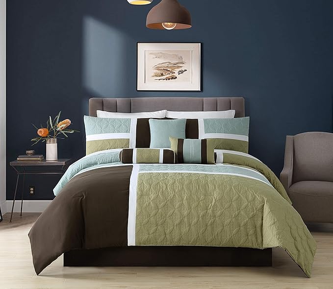 Chezmoi Collection 7-Piece Quilted Patchwork Comforter Set, Coffee Brown/Aqua Blue/Sage Green, California King