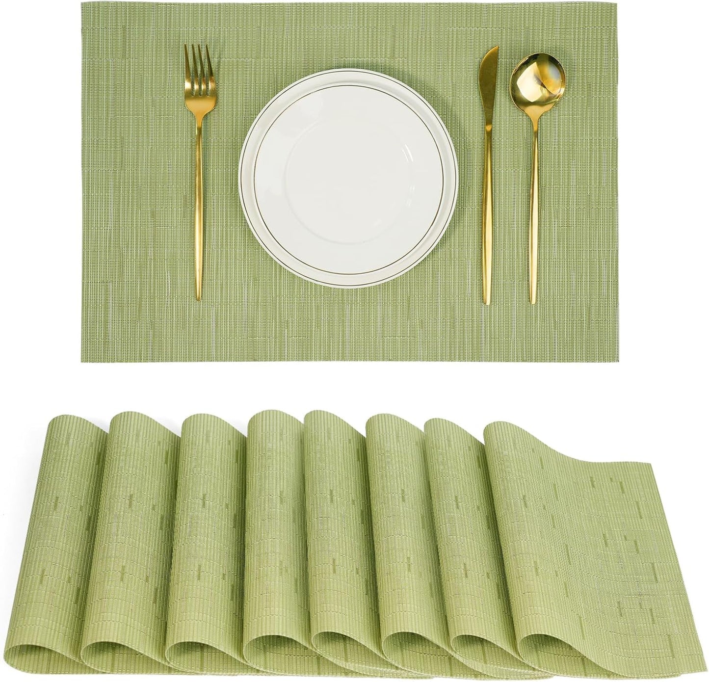Placemats Set of 8，Non-Slip PVC Weave Table Mats Easy to Clean，Heat Resistant Place Mats for Kitchen Dining Table Decoration Indoor Outdoor，Pea Green