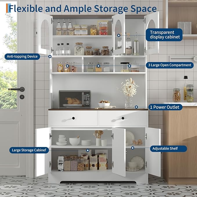 Garvee Kitchen Pantry Cabinet with Open Storage Shelves, 71" Tall Food Pantry Cabinet, Farmhouse Freestanding Kitchen Hutch with Countertop Glass Door Display & Charging Station for Dining Room