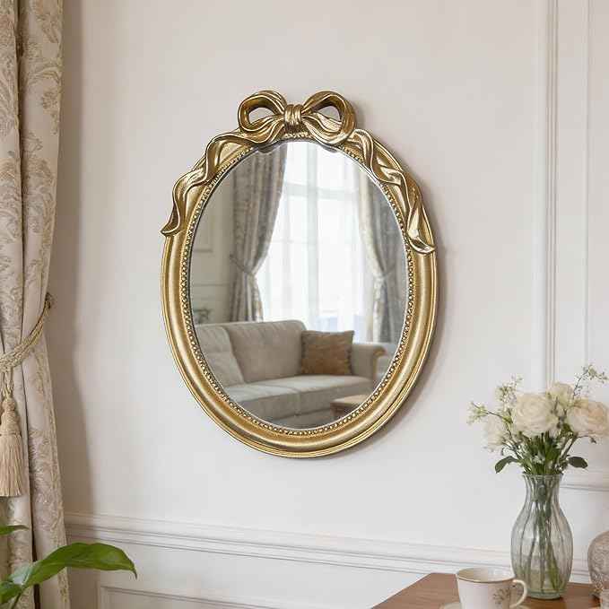 Vintage Vanity Desk Mirror - 13x10 Inch Wall-Mounted & Tabletop Decorative Ornate Gold Accent Retro Makeup Mirror for Bedroom Dresser Bathroom Living Room Dorm Oval