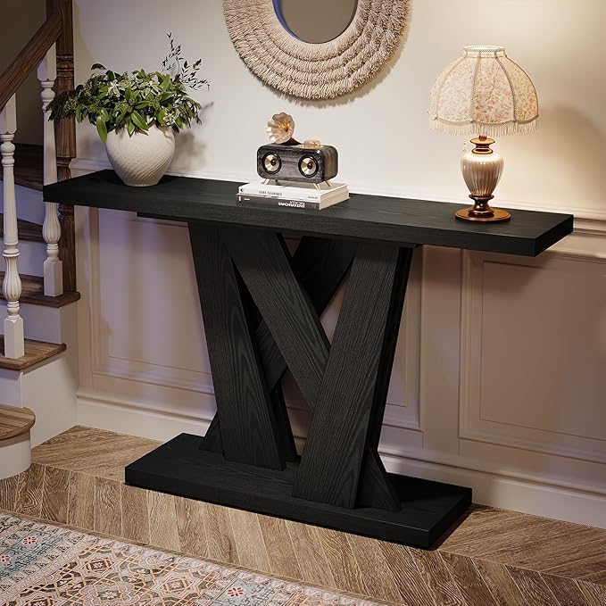 Tribesigns 55-Inch Farmhouse Console Table, Farmhouse Behind The Couch Table TV Stand with Geometric Base, Skinny Sofa Table Entryway Table for Entrance, Living Room, Hallway, Foyer, Black