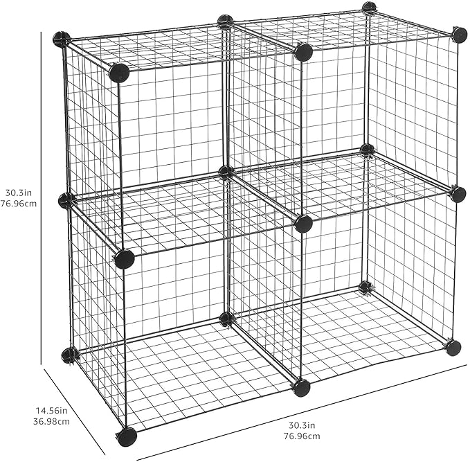 Amazon Basics 4 Cube Wire Grid Storage Organizer, Closet Organizer and Shelves, Stackable, Space-Saving, Easy to Assemble, 14"x14"x14", Black