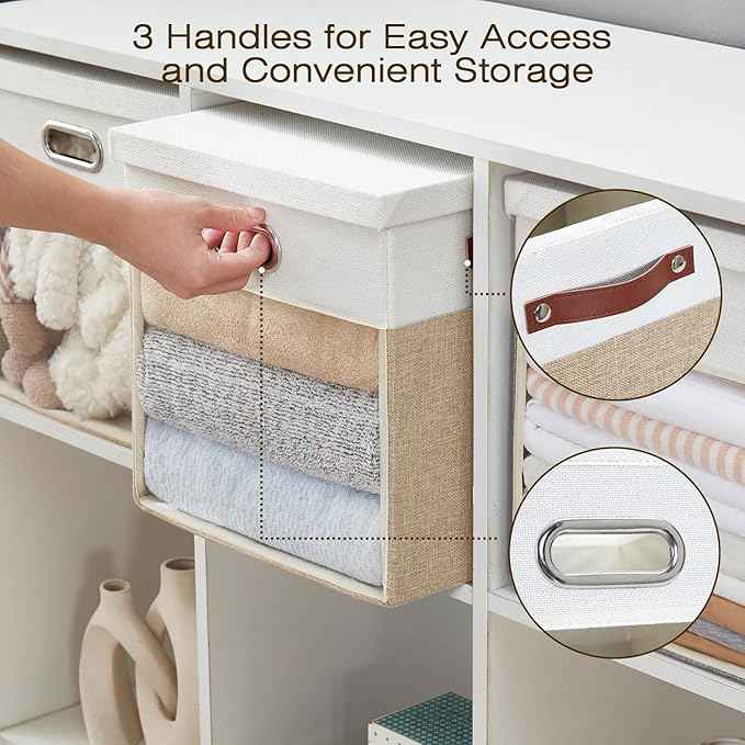 Fabric Storage Cubes with Clear Windows and Lids, 13'' Foldable Storage Bins with 3 Handles, Decorative Storage Boxes for Home, Bedroom, Closet, Office (Beige & White)