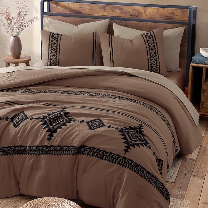 MaiRêve California King Comforter Set Brown, Embroidery Western Bedding Set Boho 7 Pieces, Farmhouse All-Season Bed in A Bag with Sheets, Pillowcases & Shams