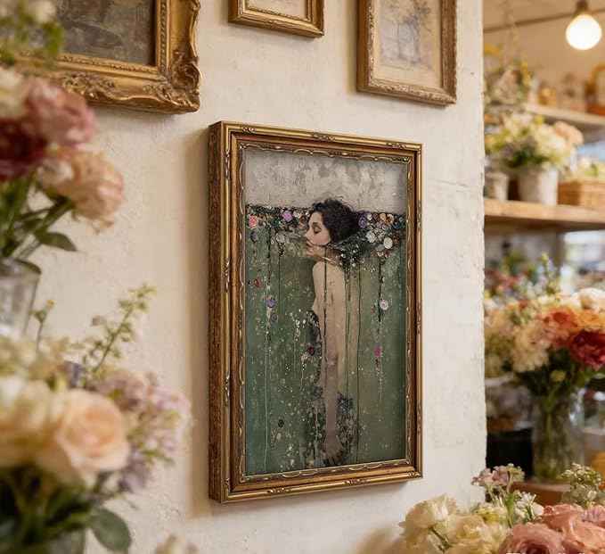 Vintage Gold Framed Ophelia Wall Art, Romantic Victorian Gothic Oil Painting Canvas Print, Dark Academia Wall Decor, Antique Woman Portrait Picture, Moody Floral Poster Artwork for Living Room Bedroom