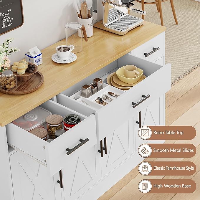 Shintenchi Buffet Cabinet with Storage,53.4" Large Kitchen Storage Cabinet with 3 Drawers and 4 Doors,Wood Farmhouse Buffet Sideboard with Adjustable Shelf for Kitchen Living Room, White