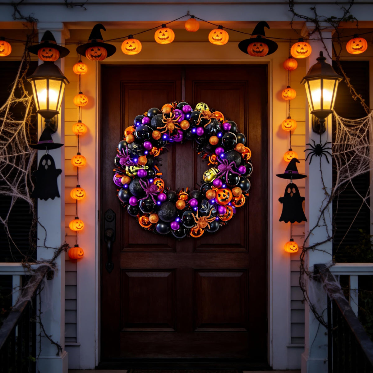 17 Inch Halloween Ball Wreath for Front Door with Lights