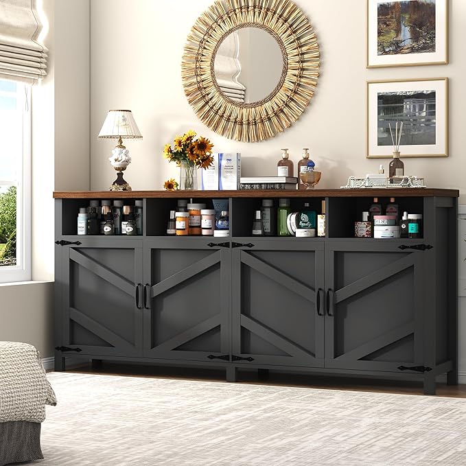 63'' Buffet Sideboard with Storage Farmhouse with 4 Doors, Large Kitchen Storage Cabinet Wood Coffee Bar Cabinet Buffet Table with Shelves for Kitchen, Dining Room, Entryway