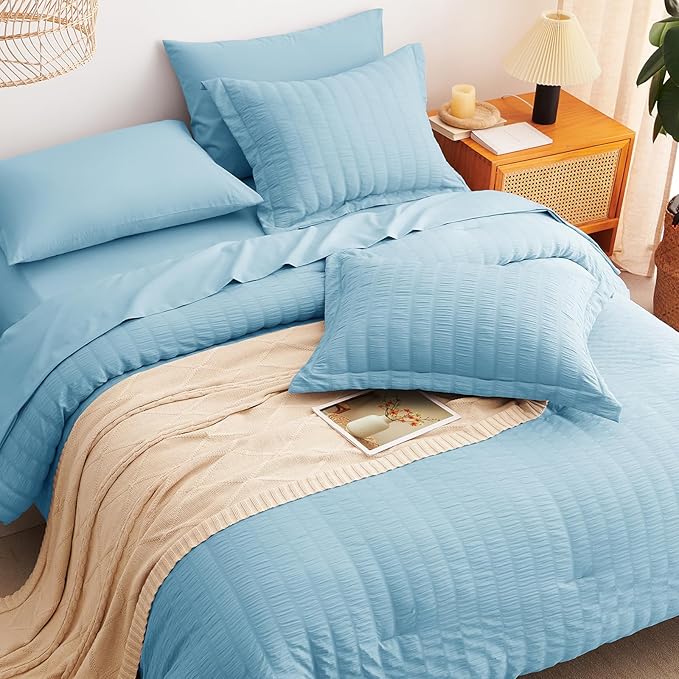 CozyLux Full Size Comforter Sets with Sheets Seersucker 7 Pieces Sky Blue Bed in a Bag Textured Luxury Soft Bedding Set with Down Alternative Comforter, Sheets, Pillowcases & Shams for All Seasons