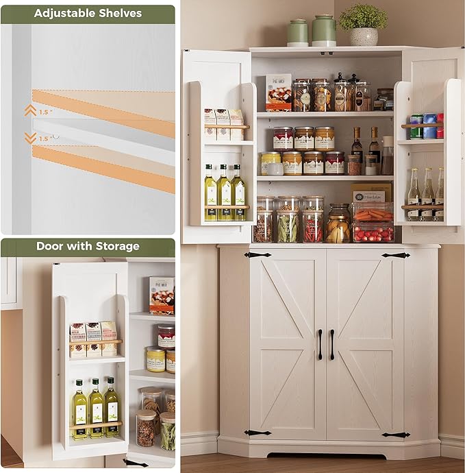 IRONCK Corner Cabinet, 72" Kitchen Pantry Cabinet, 6-Tier Freestanding Farmhouse Pantry with 2 Adjustable Shelves, 240°Swivel Doors, 2 Doors Storage, Spacious Hutch for Kitchen, Living Room, White